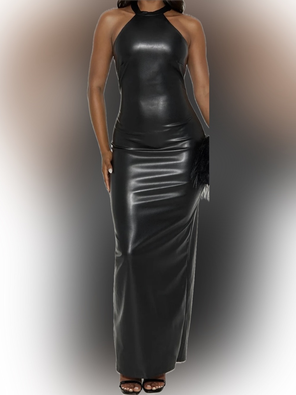 Backless Black Faux Leather Halter Maxi Dress